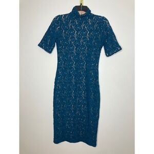 Fuzzi dark teal tan lace bodycon dress high neck short sleeve womens size medium